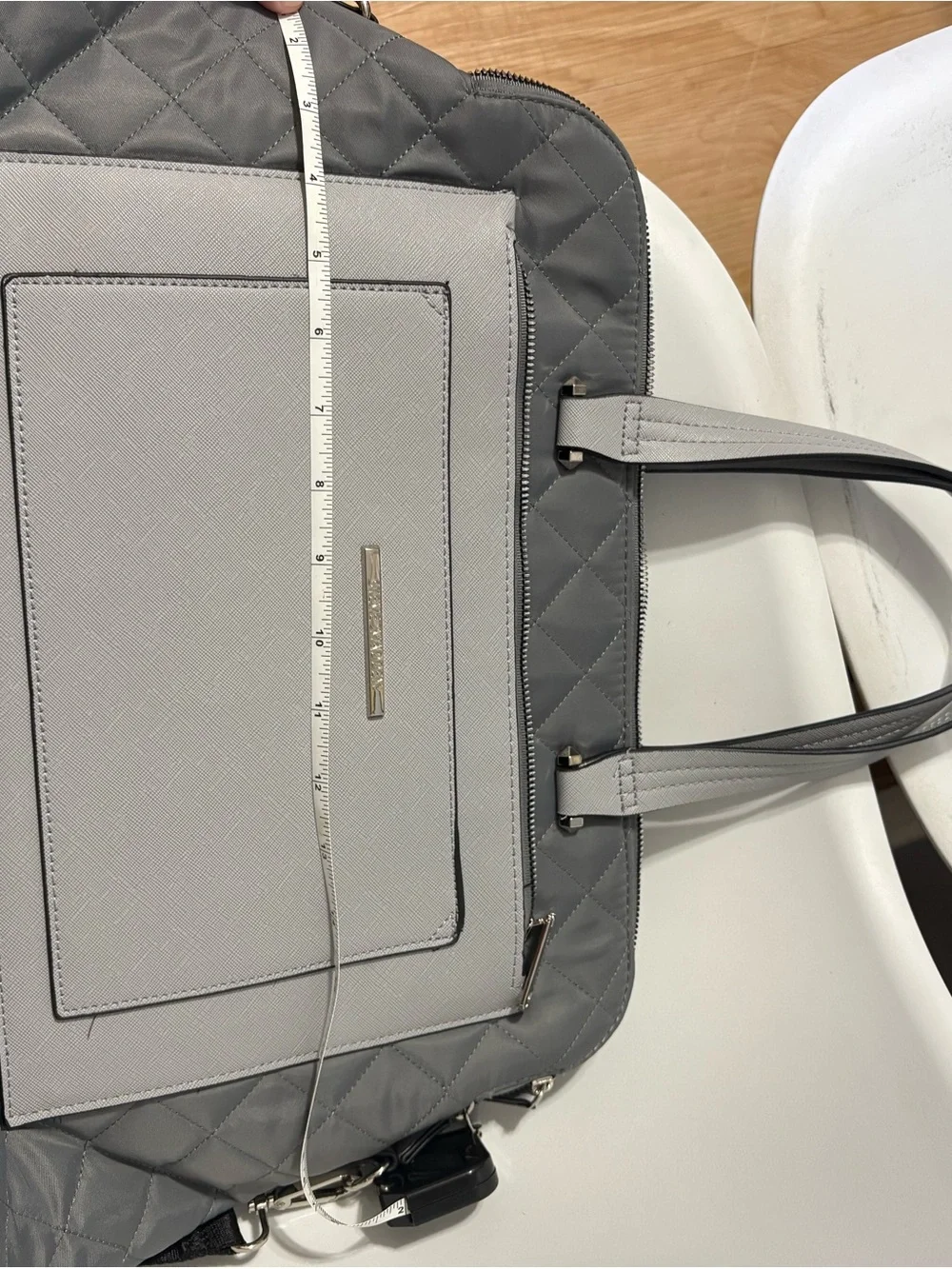 Steve Madden Quilted Laptop Tote in Light Gray and Cream